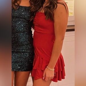 Red velvet mini ruffle dress
